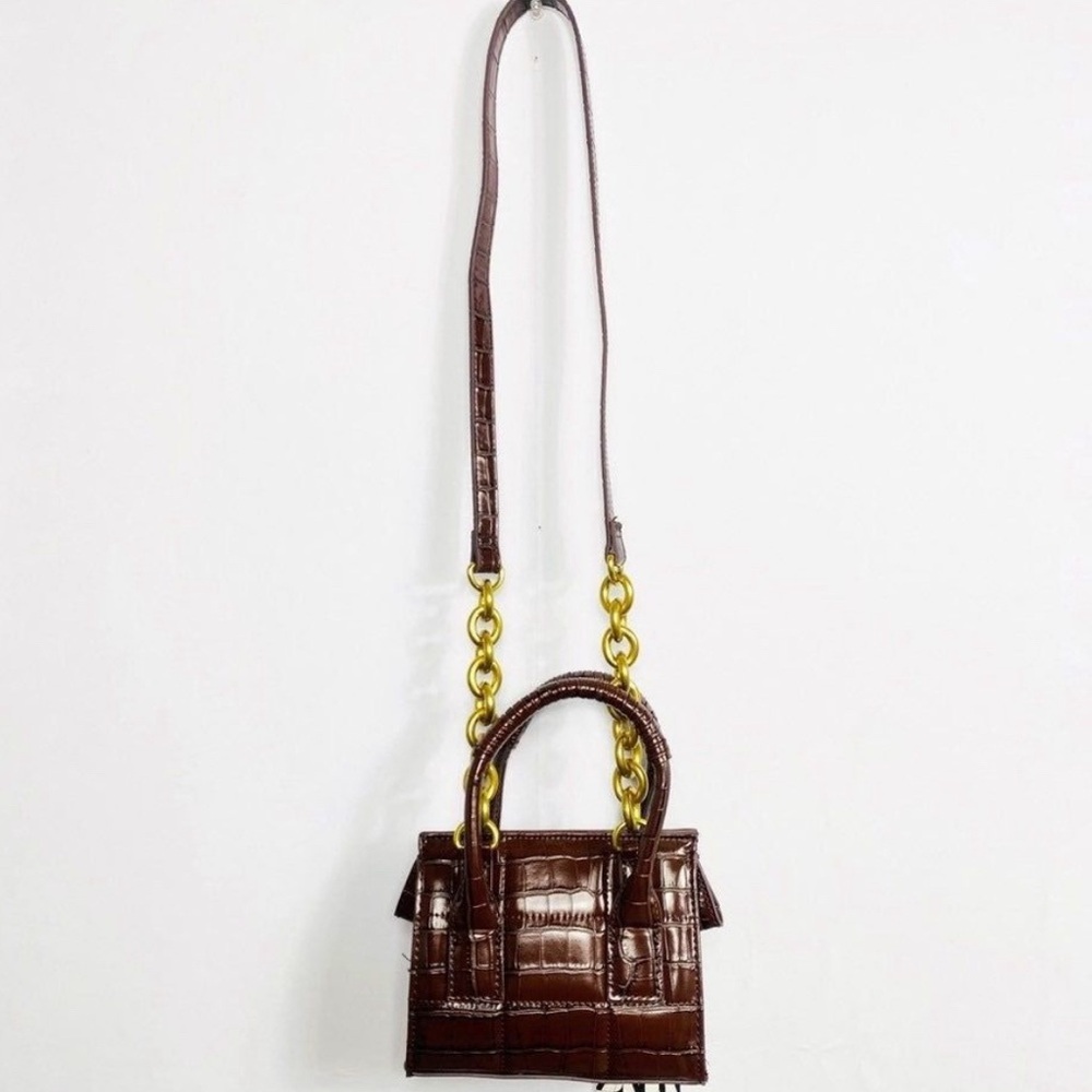 NWOT ZARA ANIMAL PRINT MINI CROSSBODY BAG BROWN WITH HANDLES AND CHAIN STRAP